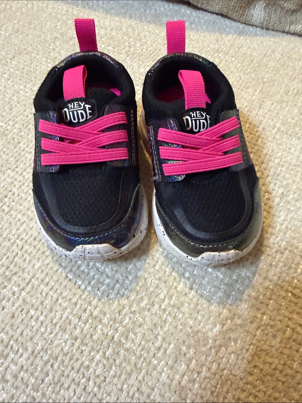 Hey Dude Kids Black Sneakers with Bright Pink Details